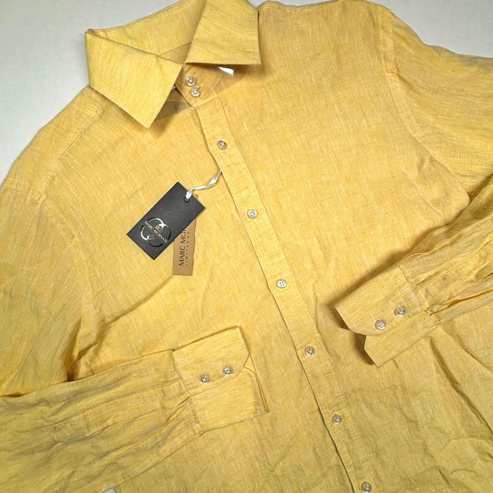 Dr Morvati Mens Yellow 100% Linen Button Down Shirt Taylor Fit NWT Size M 39/40